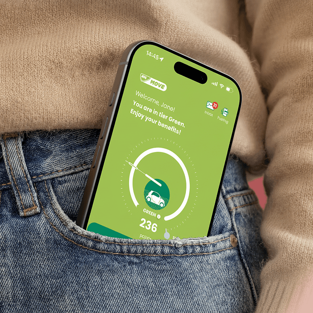 MOL Move loyalty app shown on a phone in a jeans pocket